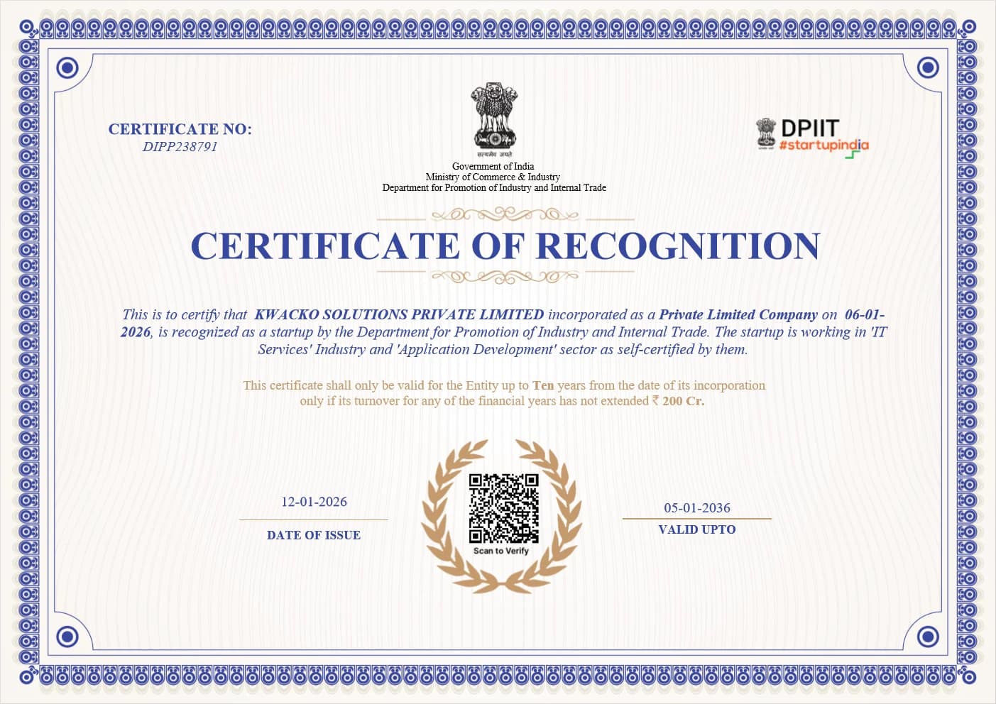 Kwacko Solutions DPIIT Certificate of Recognition