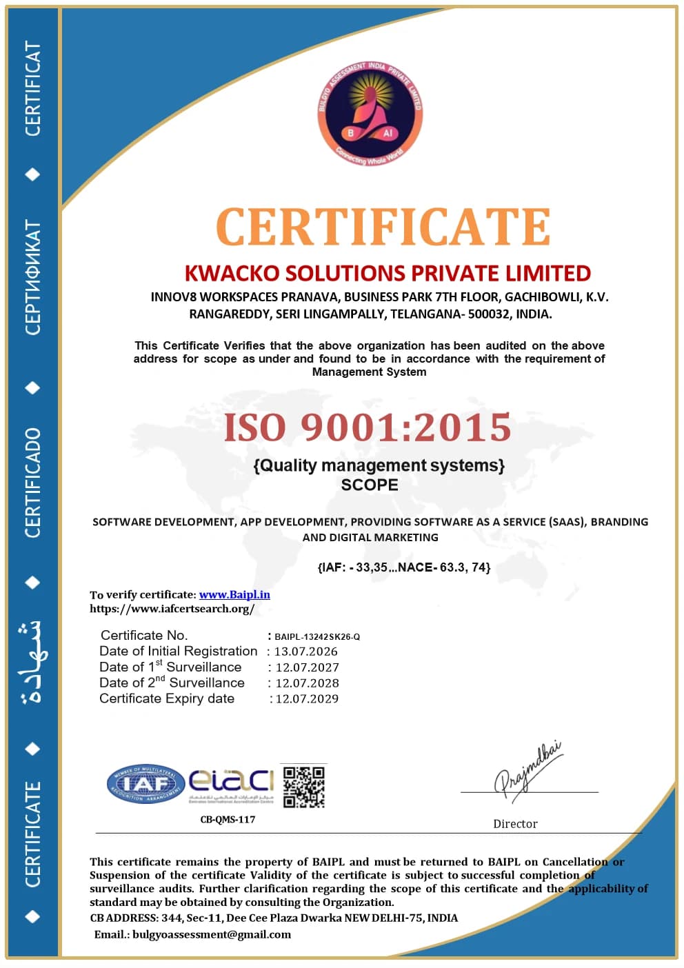 Kwacko Solutions ISO 9001:2015 Quality Management System Certificate